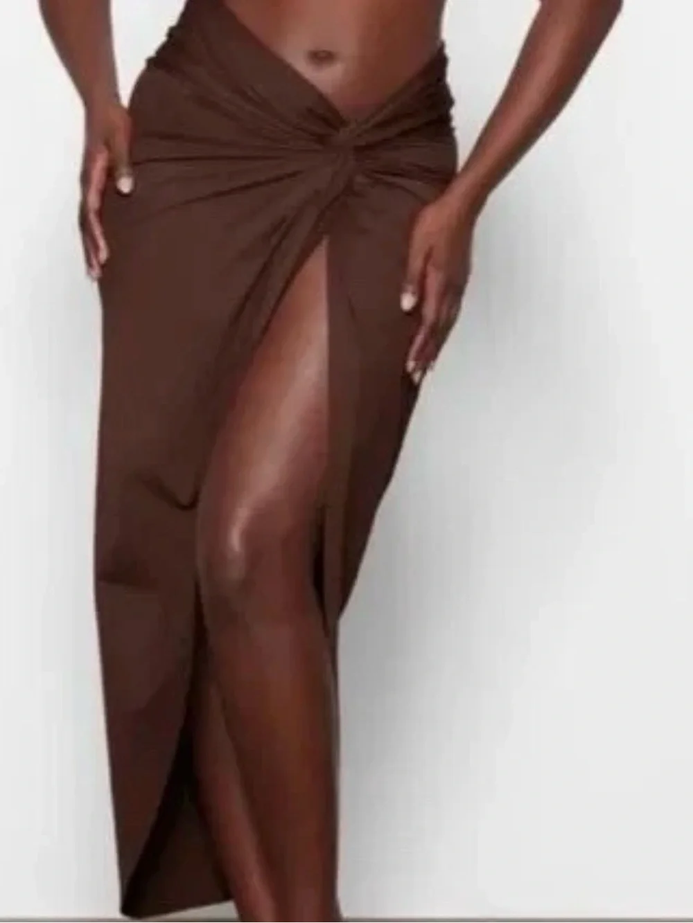 SKIMS Chocolate Brown Twist-Front Swim Coverup Skirt